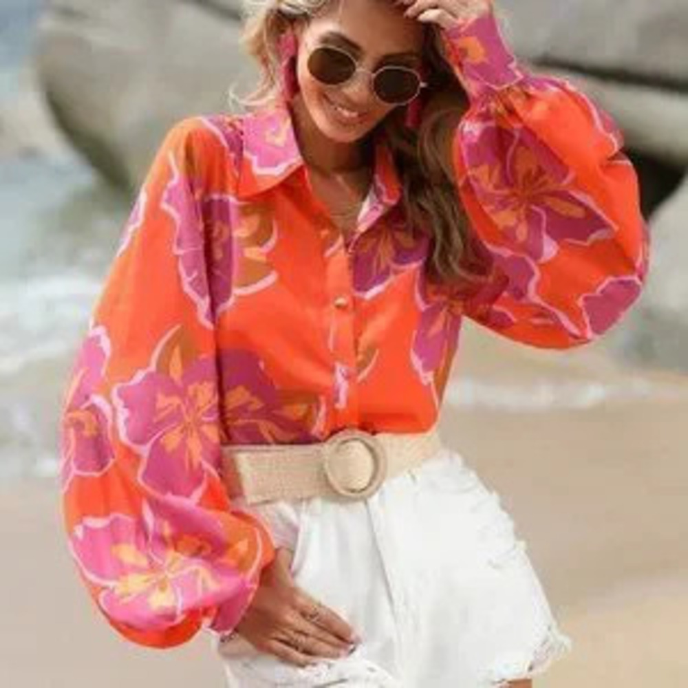 Orange Boho Womens Floral Print Lantern Sleeve Shirt